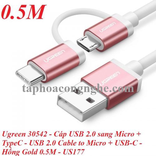Ugreen 30542 0.5M màu Hồng Cáp USB-A sang Micro USB + USB-C cao cấp US177 30030542